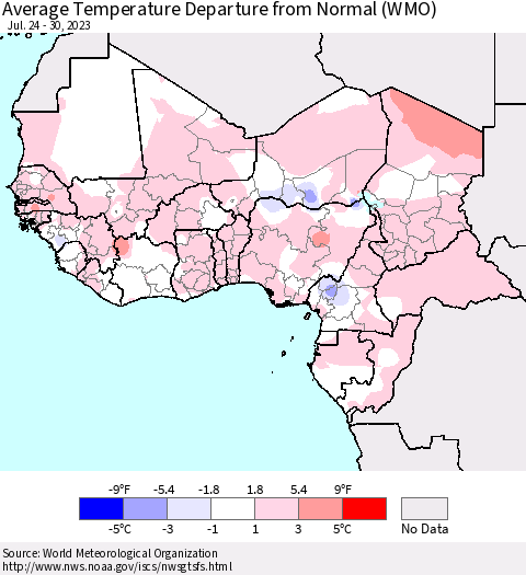 Western Africa Average Temperature Departure from Normal (WMO) Thematic Map For 7/24/2023 - 7/30/2023