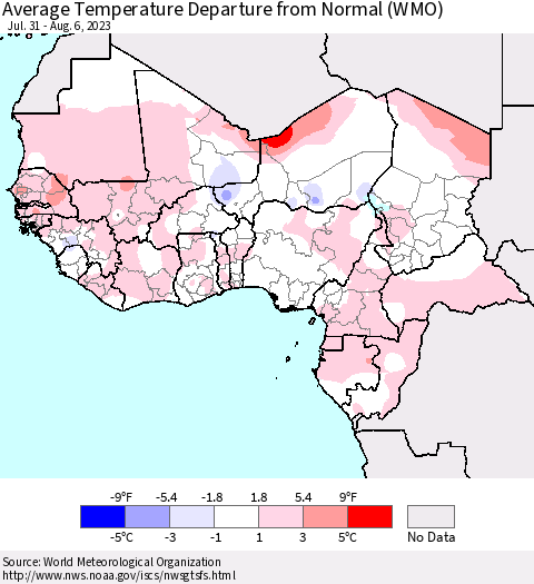 Western Africa Average Temperature Departure from Normal (WMO) Thematic Map For 7/31/2023 - 8/6/2023