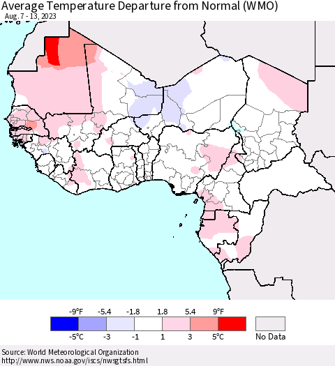 Western Africa Average Temperature Departure from Normal (WMO) Thematic Map For 8/7/2023 - 8/13/2023