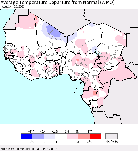 Western Africa Average Temperature Departure from Normal (WMO) Thematic Map For 8/14/2023 - 8/20/2023