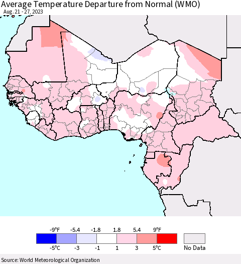 Western Africa Average Temperature Departure from Normal (WMO) Thematic Map For 8/21/2023 - 8/27/2023