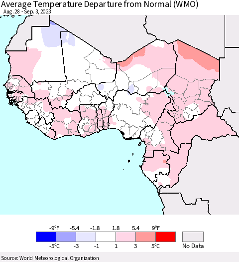 Western Africa Average Temperature Departure from Normal (WMO) Thematic Map For 8/28/2023 - 9/3/2023