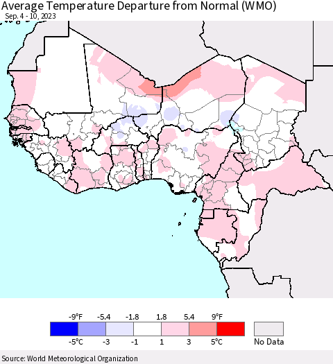 Western Africa Average Temperature Departure from Normal (WMO) Thematic Map For 9/4/2023 - 9/10/2023