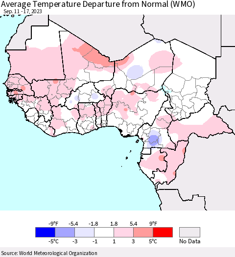 Western Africa Average Temperature Departure from Normal (WMO) Thematic Map For 9/11/2023 - 9/17/2023