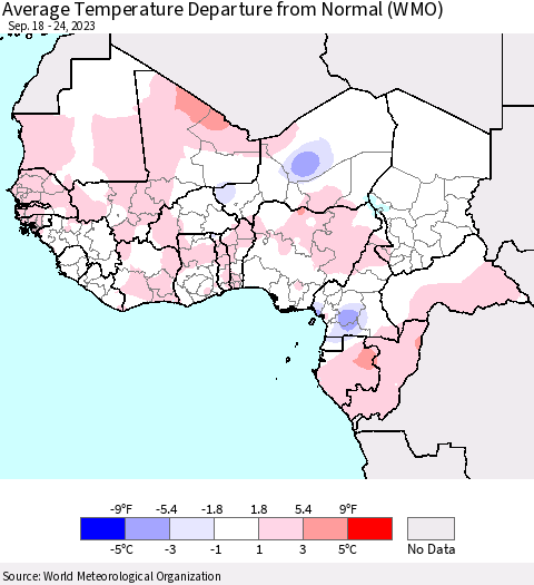 Western Africa Average Temperature Departure from Normal (WMO) Thematic Map For 9/18/2023 - 9/24/2023