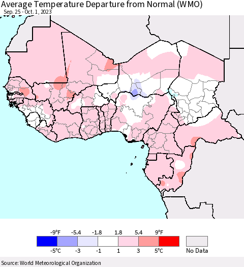 Western Africa Average Temperature Departure from Normal (WMO) Thematic Map For 9/25/2023 - 10/1/2023