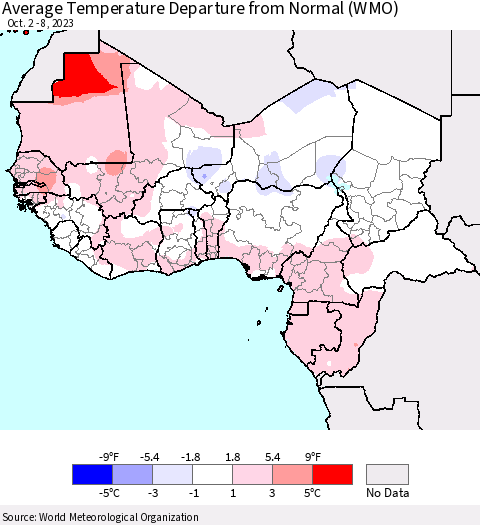 Western Africa Average Temperature Departure from Normal (WMO) Thematic Map For 10/2/2023 - 10/8/2023