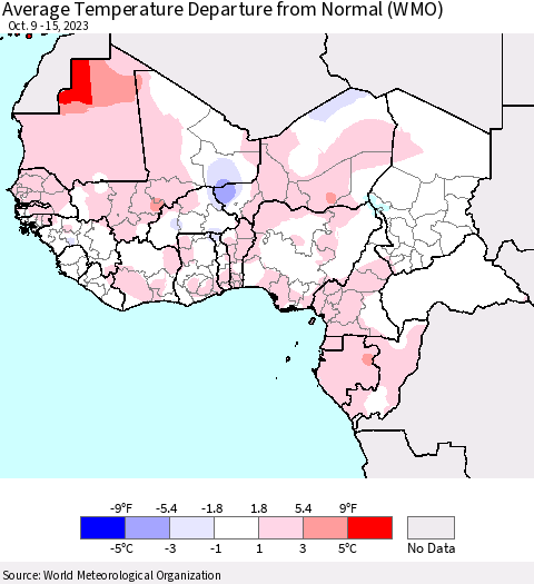 Western Africa Average Temperature Departure from Normal (WMO) Thematic Map For 10/9/2023 - 10/15/2023