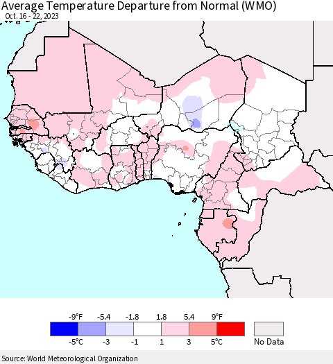 Western Africa Average Temperature Departure from Normal (WMO) Thematic Map For 10/16/2023 - 10/22/2023