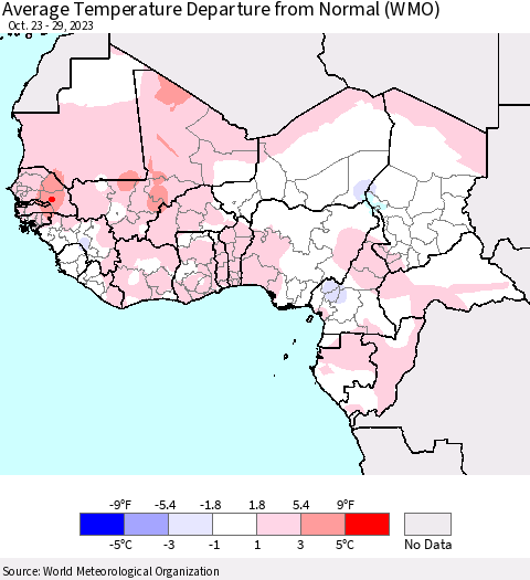 Western Africa Average Temperature Departure from Normal (WMO) Thematic Map For 10/23/2023 - 10/29/2023