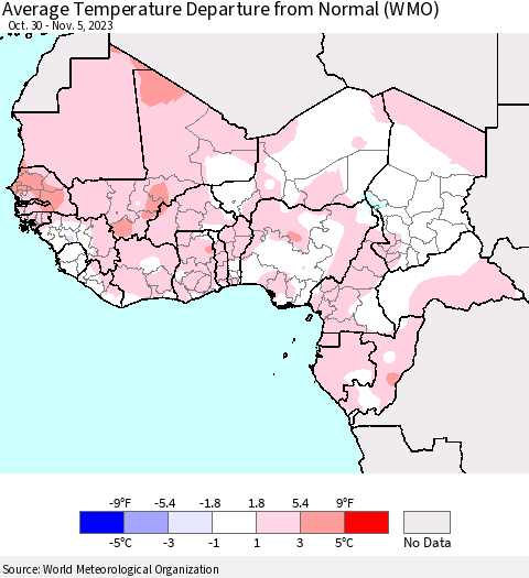 Western Africa Average Temperature Departure from Normal (WMO) Thematic Map For 10/30/2023 - 11/5/2023