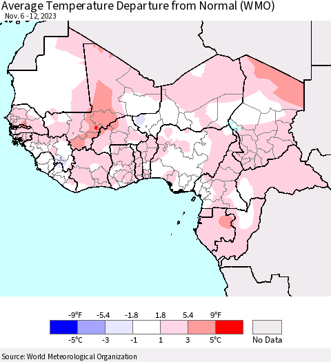 Western Africa Average Temperature Departure from Normal (WMO) Thematic Map For 11/6/2023 - 11/12/2023