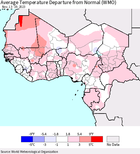 Western Africa Average Temperature Departure from Normal (WMO) Thematic Map For 11/13/2023 - 11/19/2023