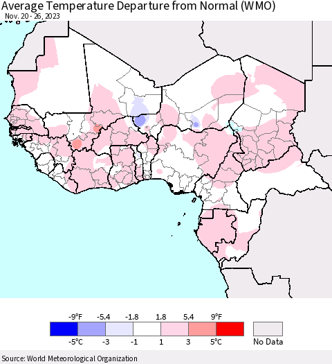Western Africa Average Temperature Departure from Normal (WMO) Thematic Map For 11/20/2023 - 11/26/2023