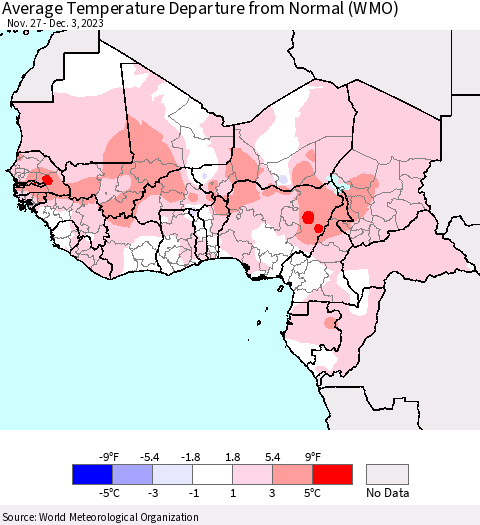 Western Africa Average Temperature Departure from Normal (WMO) Thematic Map For 11/27/2023 - 12/3/2023