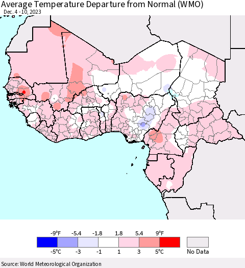 Western Africa Average Temperature Departure from Normal (WMO) Thematic Map For 12/4/2023 - 12/10/2023