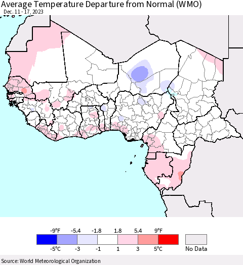 Western Africa Average Temperature Departure from Normal (WMO) Thematic Map For 12/11/2023 - 12/17/2023