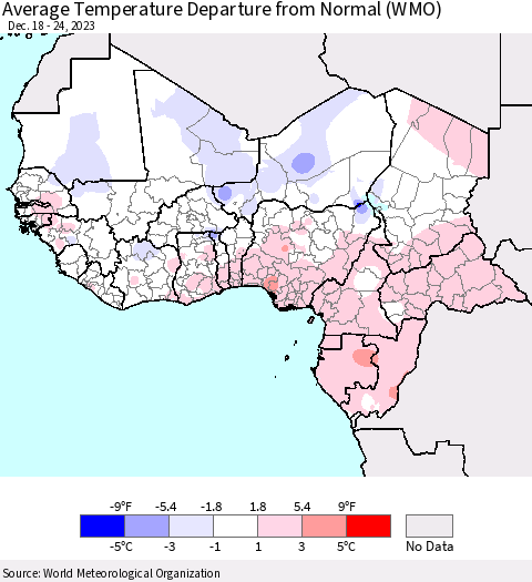 Western Africa Average Temperature Departure from Normal (WMO) Thematic Map For 12/18/2023 - 12/24/2023