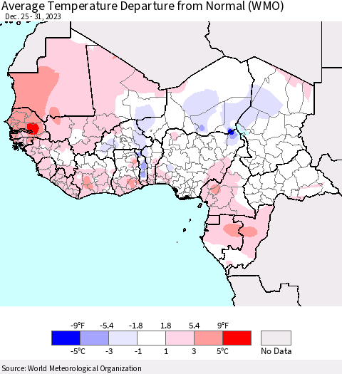 Western Africa Average Temperature Departure from Normal (WMO) Thematic Map For 12/25/2023 - 12/31/2023