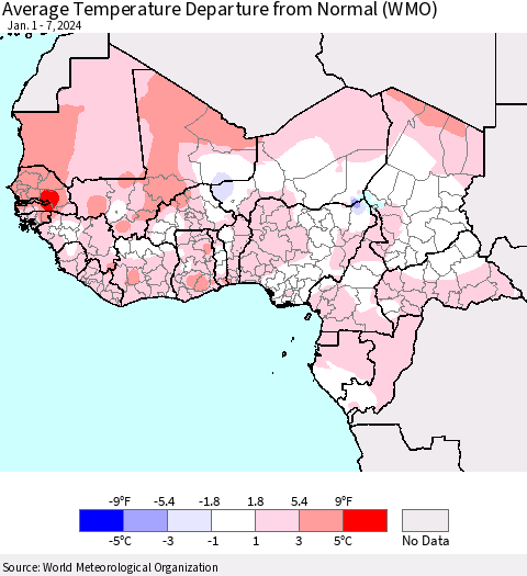 Western Africa Average Temperature Departure from Normal (WMO) Thematic Map For 1/1/2024 - 1/7/2024