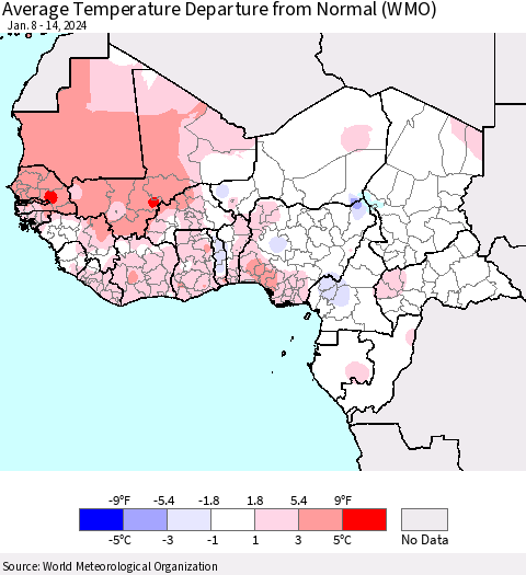 Western Africa Average Temperature Departure from Normal (WMO) Thematic Map For 1/8/2024 - 1/14/2024