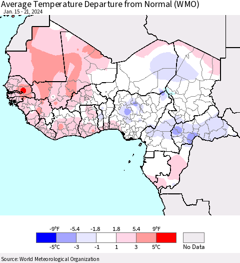 Western Africa Average Temperature Departure from Normal (WMO) Thematic Map For 1/15/2024 - 1/21/2024