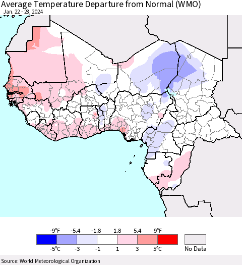Western Africa Average Temperature Departure from Normal (WMO) Thematic Map For 1/22/2024 - 1/28/2024