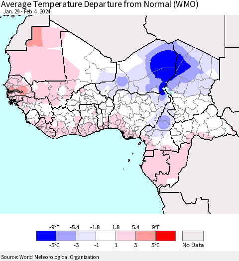 Western Africa Average Temperature Departure from Normal (WMO) Thematic Map For 1/29/2024 - 2/4/2024