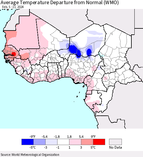 Western Africa Average Temperature Departure from Normal (WMO) Thematic Map For 2/5/2024 - 2/11/2024