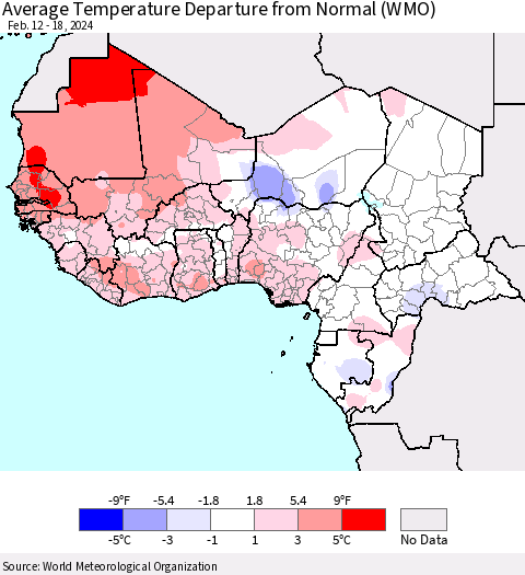 Western Africa Average Temperature Departure from Normal (WMO) Thematic Map For 2/12/2024 - 2/18/2024