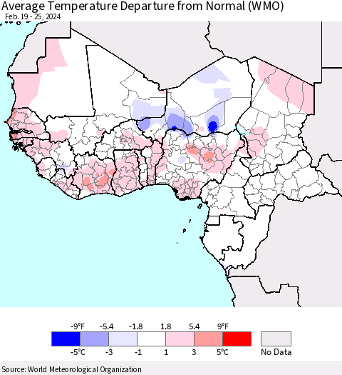 Western Africa Average Temperature Departure from Normal (WMO) Thematic Map For 2/19/2024 - 2/25/2024