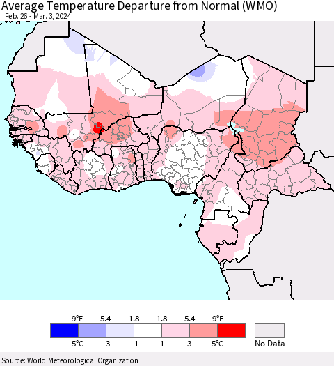 Western Africa Average Temperature Departure from Normal (WMO) Thematic Map For 2/26/2024 - 3/3/2024