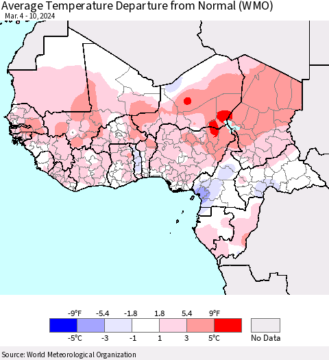 Western Africa Average Temperature Departure from Normal (WMO) Thematic Map For 3/4/2024 - 3/10/2024