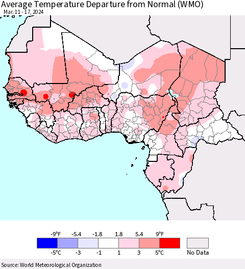 Western Africa Average Temperature Departure from Normal (WMO) Thematic Map For 3/11/2024 - 3/17/2024