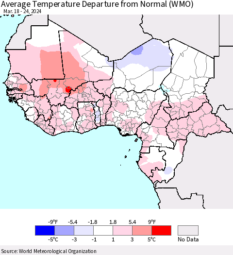 Western Africa Average Temperature Departure from Normal (WMO) Thematic Map For 3/18/2024 - 3/24/2024