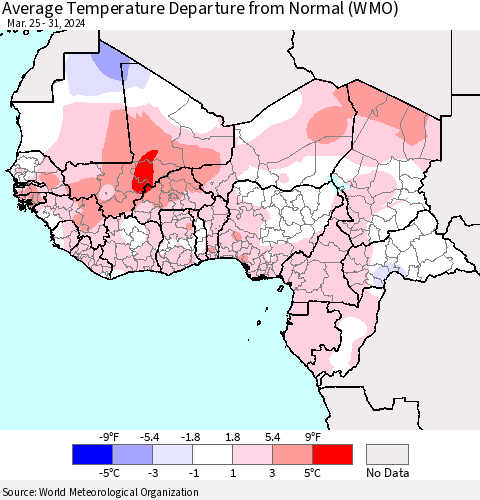 Western Africa Average Temperature Departure from Normal (WMO) Thematic Map For 3/25/2024 - 3/31/2024