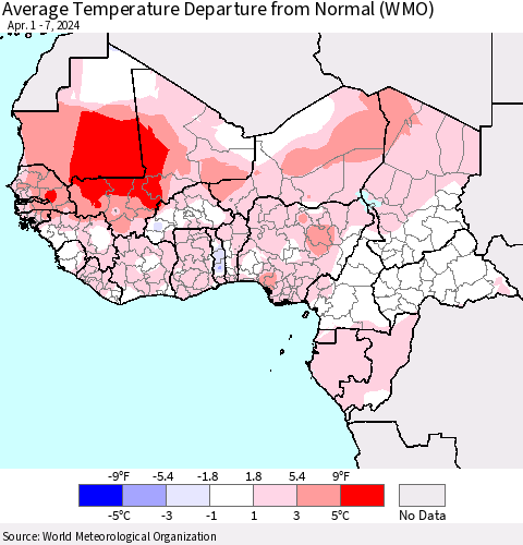 Western Africa Average Temperature Departure from Normal (WMO) Thematic Map For 4/1/2024 - 4/7/2024