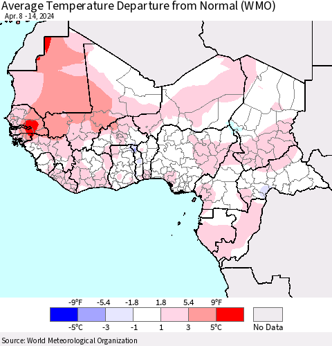 Western Africa Average Temperature Departure from Normal (WMO) Thematic Map For 4/8/2024 - 4/14/2024