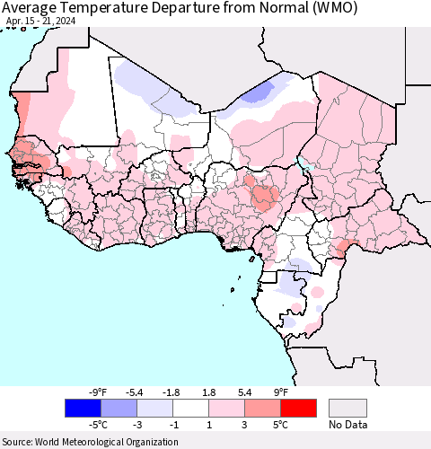Western Africa Average Temperature Departure from Normal (WMO) Thematic Map For 4/15/2024 - 4/21/2024