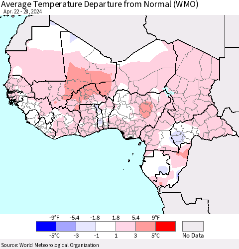 Western Africa Average Temperature Departure from Normal (WMO) Thematic Map For 4/22/2024 - 4/28/2024