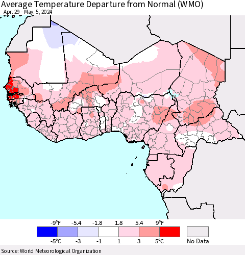 Western Africa Average Temperature Departure from Normal (WMO) Thematic Map For 4/29/2024 - 5/5/2024
