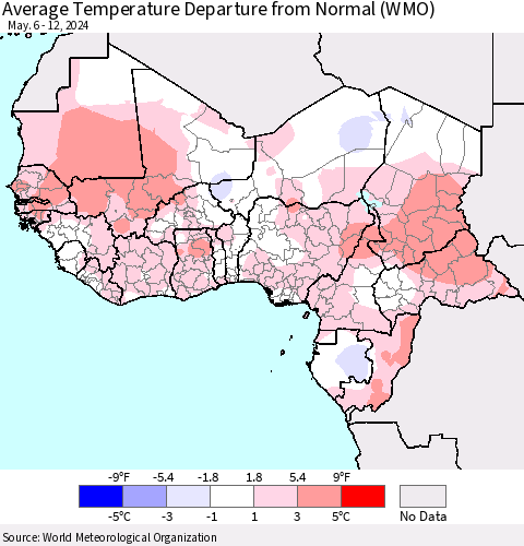 Western Africa Average Temperature Departure from Normal (WMO) Thematic Map For 5/6/2024 - 5/12/2024