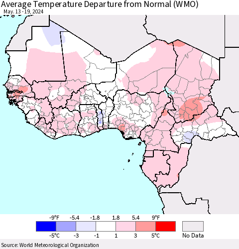 Western Africa Average Temperature Departure from Normal (WMO) Thematic Map For 5/13/2024 - 5/19/2024