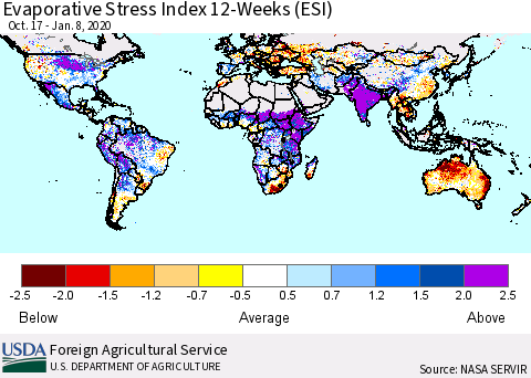 World Evaporative Stress Index (ESI), 12-Weeks Thematic Map For 1/6/2020 - 1/12/2020