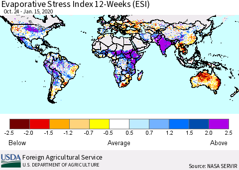 World Evaporative Stress Index (ESI), 12-Weeks Thematic Map For 1/13/2020 - 1/19/2020