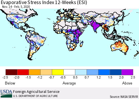 World Evaporative Stress Index (ESI), 12-Weeks Thematic Map For 2/3/2020 - 2/9/2020