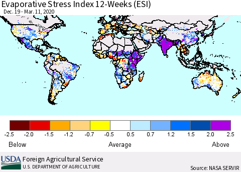 World Evaporative Stress Index (ESI), 12-Weeks Thematic Map For 3/9/2020 - 3/15/2020