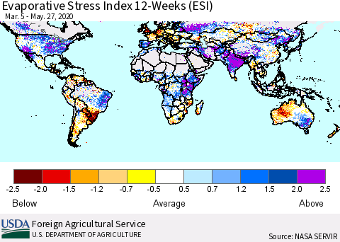 World Evaporative Stress Index (ESI), 12-Weeks Thematic Map For 5/25/2020 - 5/31/2020