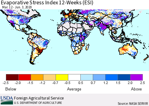World Evaporative Stress Index (ESI), 12-Weeks Thematic Map For 6/1/2020 - 6/7/2020