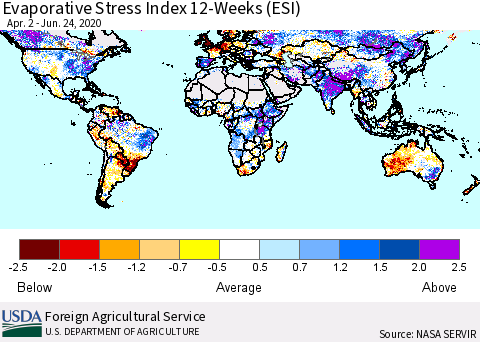 World Evaporative Stress Index (ESI), 12-Weeks Thematic Map For 6/22/2020 - 6/28/2020